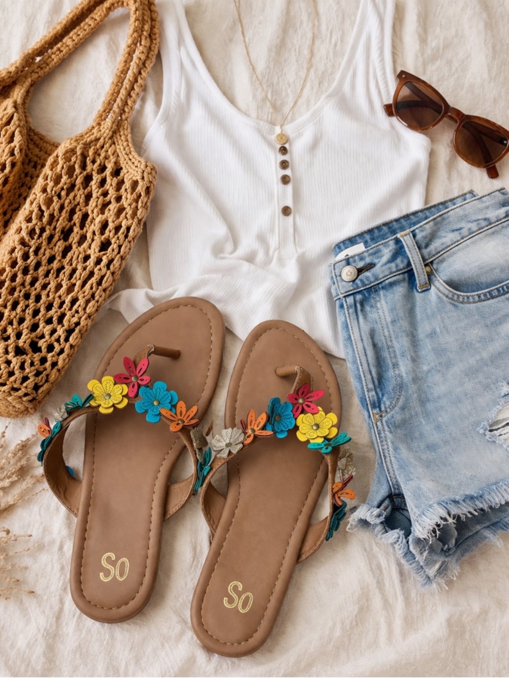 SO Tan Floral Thong Sandals with Multicolor Flower Accents